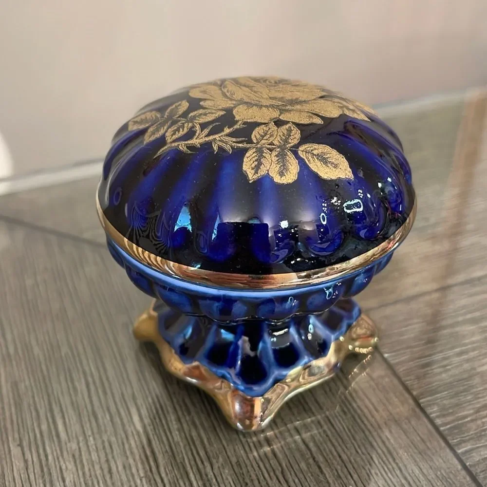 Vintage Cobalt Blue & Gold Footed Trinket Box